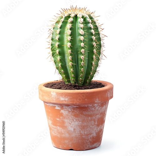 single cactus plant in a clay pot isolated on white background photo