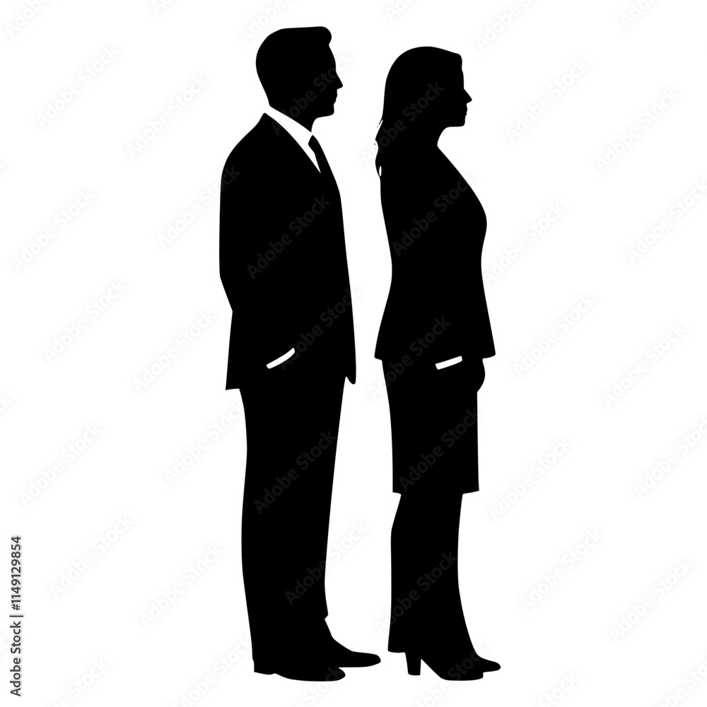 Vector silhouettes of a man and a woman, a couple of business people standing in profile, looking up, black color on a white background
Vector silhouettes of a man and a woman, a couple of business people standing in profile, looking up, black color on a white background