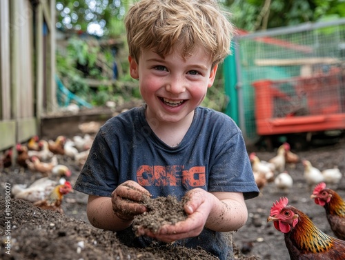 A smiling child holds dirt in a farmyard surrounded by chickens, showcasing outdoor play.