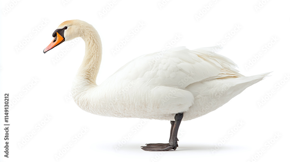 Side view full body length portrait of white swan isolated on white background. one graceful and elegant lake water nature wildlife bird animal with beak and wings, neck, feather, fauna. Side view full body length portrait of white swan isolated on white background. one graceful and elegant lake water nature wildlife bird animal with beak and wings, neck, feather, fauna.
