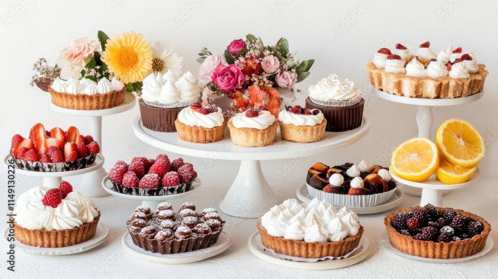 Assorted fruit tarts and cakes on tiered stands with flowers. Assorted fruit tarts and cakes on tiered stands with flowers.