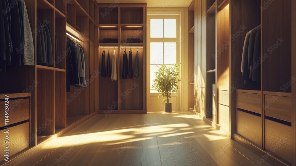 Fototapeta premium Modern walk-in closet with wooden shelves and clothes hanging.