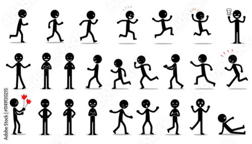 Stickman icons. Stick figures black silhouettes showing various poses and gestures, running, meditating and jumping. Ideal for infographics, design and app interfaces. Minimalist vector illustration
