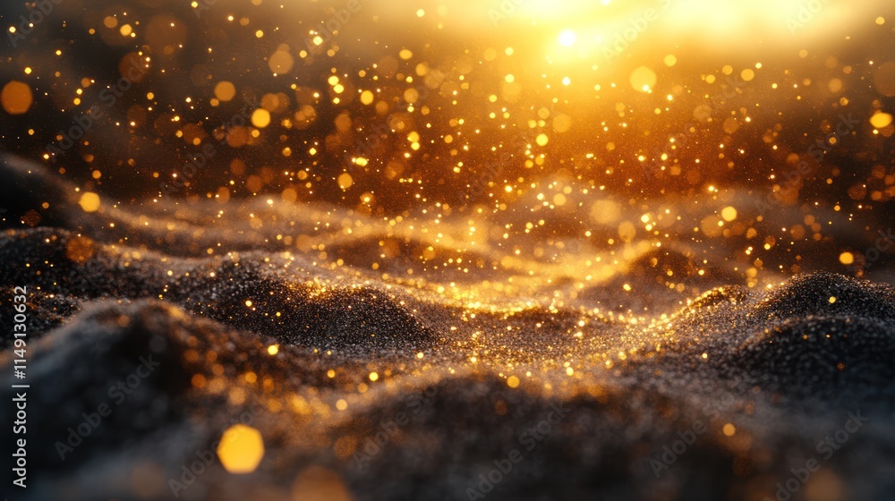 Naklejka premium Golden particles floating over a wavy surface at sunset.