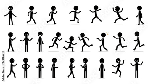 Stickman icons. Stick figures black silhouettes showing various poses and gestures, running, meditating and jumping. Ideal for infographics, design and app interfaces. Minimalist vector illustration