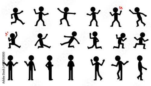 Stickman icons. Stick figures black silhouettes showing various poses and gestures, running, meditating and jumping. Ideal for infographics, design and app interfaces. Minimalist vector illustration