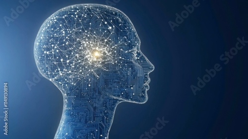 The concept of artificial intelligence (AI) and electronic brain is visualized with a human head outline and digital brain formed from circuit board elements, connected on a futuristic dark blue