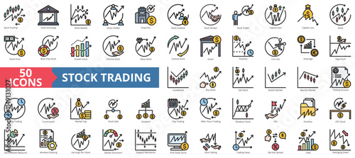 Stock trading icon collection set. Containing exchange, stock market, shareholder, investor, broker, stock trader, capital icon. Simple flat outline vector illustration