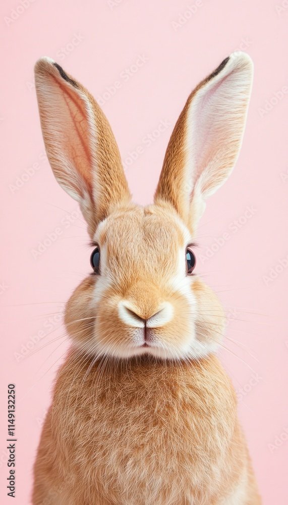 Fototapeta premium A close-up of a cute brown rabbit against a pink background, showcasing its expressive features.