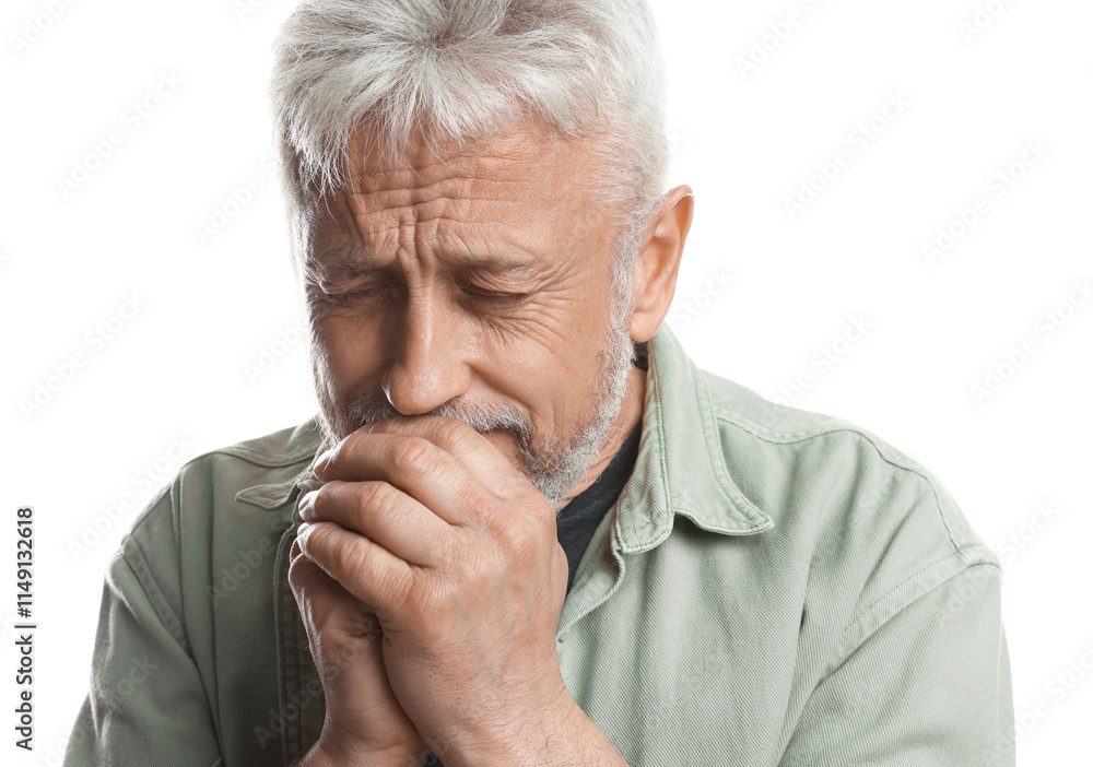Sad senior man crying on white background Sad senior man crying on white background