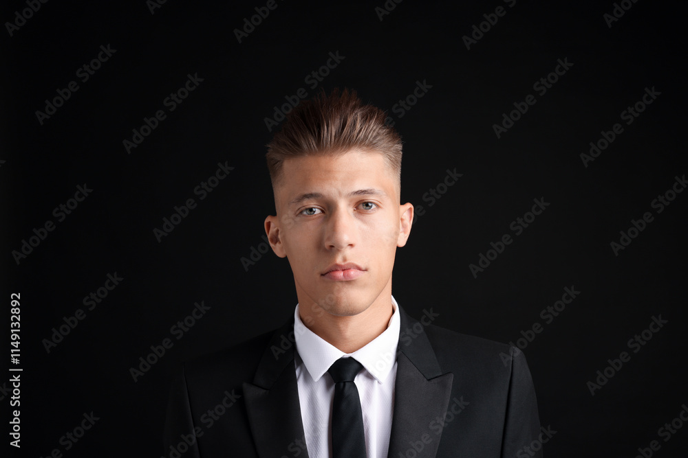 Confident young man with stylish haircut on black background Confident young man with stylish haircut on black background