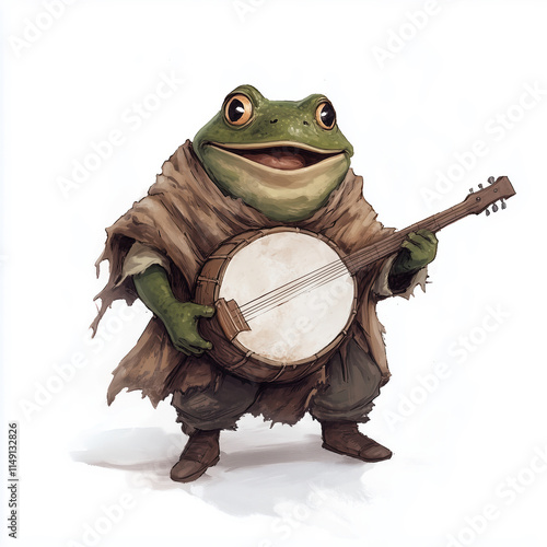 Charming Frog Bard Character Playing Banjo Wearing Rustic Clothes in Fantasy Adventure Concept for Kids Character Design with Whimsical Artistic Touch for Role-Playing Games photo