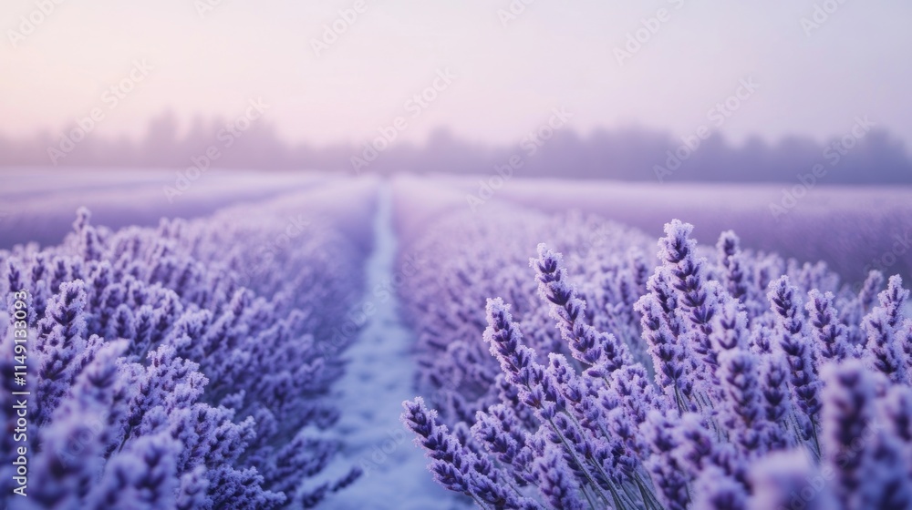 Obraz premium Frosty lavender field at sunrise.