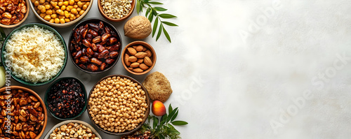 A variety of nuts, grains, and rice displayed in bowls on a light background.