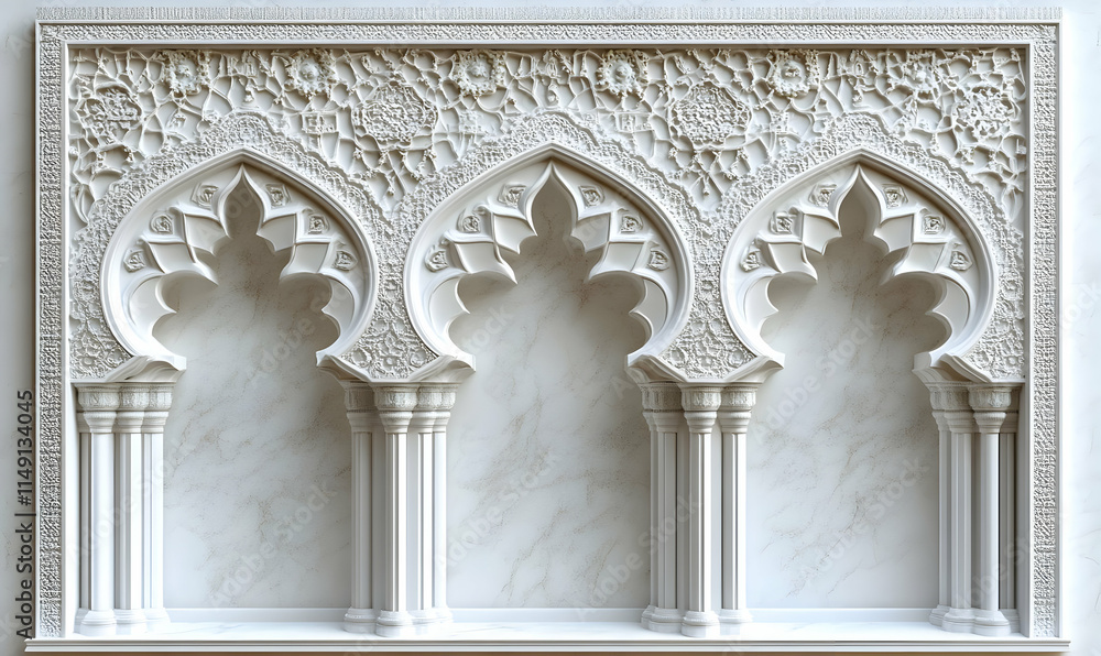 Obraz premium Intricate white architectural design featuring three arches with detailed carvings.