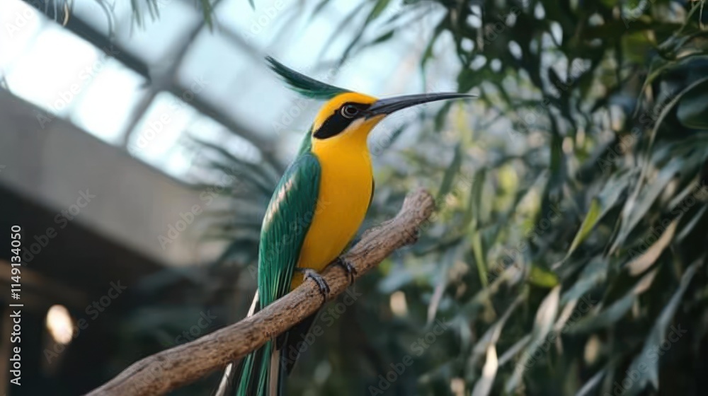 Obraz premium Vibrant green and yellow bird perched on branch.
