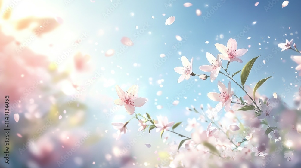 Fototapeta premium Sunny spring day with pink cherry blossoms falling.