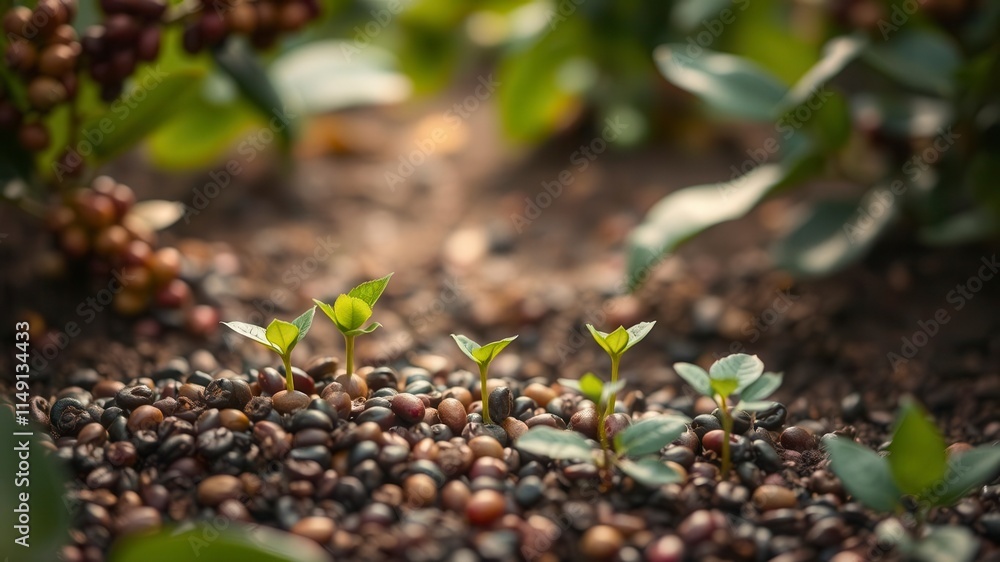 Coffee bean seedlings growing in a lush green nature background, symbolizing growth and renewal, growth, coffee, beautiful Coffee bean seedlings growing in a lush green nature background, symbolizing growth and renewal, growth, coffee, beautiful