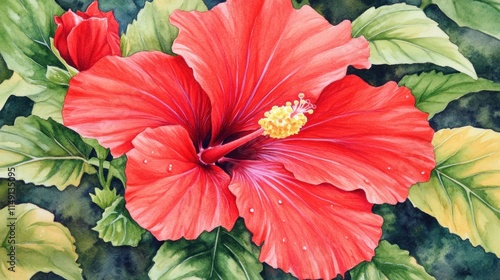 Wallpaper Mural Vibrant red hibiscus flower with dew drops, close-up. Torontodigital.ca