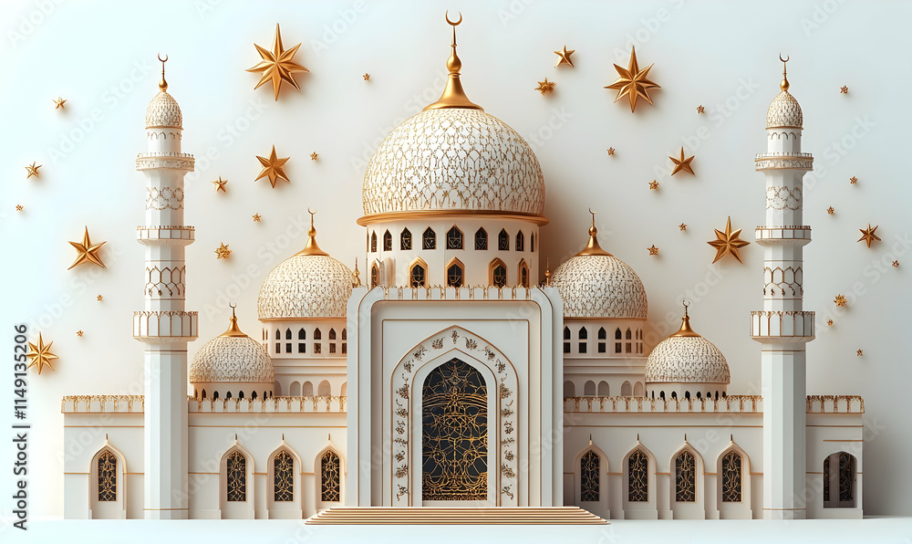 Obraz premium A stylized architectural representation of a mosque with domes and minarets.