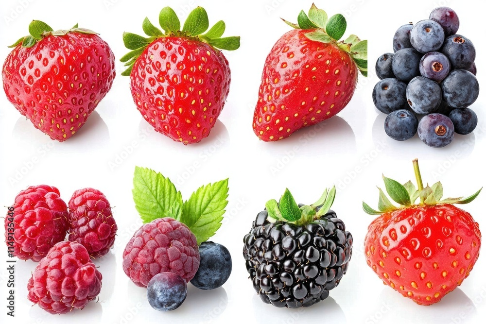 Fresh and Juicy Assortment of Strawberries, Blueberries, Raspberries, and Blackberries Displayed on a White Background for Healthy Eating and Cooking Inspiration Fresh and Juicy Assortment of Strawberries, Blueberries, Raspberries, and Blackberries Displayed on a White Background for Healthy Eating and Cooking Inspiration