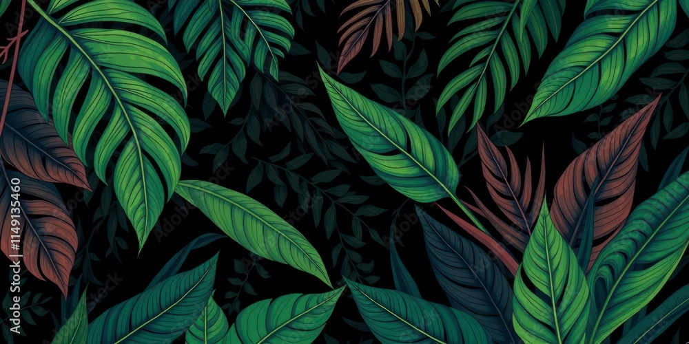 Fototapeta premium Dark pattern featuring exotic leaves in a jungle setting, artistic, jungle, vibrant