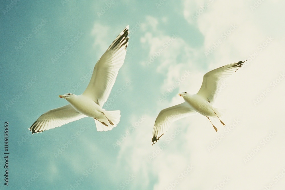 Fototapeta premium Two Seagulls in Flight: A Serene Sky