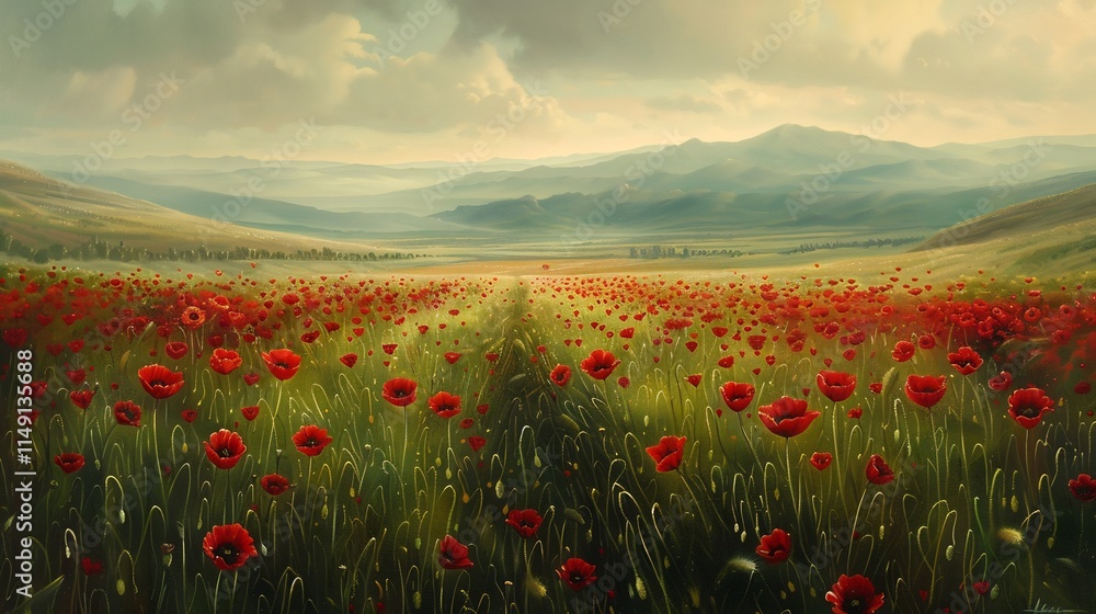 Serene Poppy Field Landscape: A Breathtaking View of Rolling Hills and a Sea of Red Flowers Serene Poppy Field Landscape: A Breathtaking View of Rolling Hills and a Sea of Red Flowers