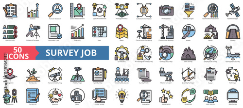 Survey job icon collection set. Containing statistic, measurement, information, methodology, construction, collection, opinion icon. Simple flat outline vector illustration