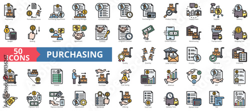 Purchasing icon collection set. Containing order, plan, supply chain, supplier, delivery, negotiation, agreement icon. Simple flat outline vector illustration
