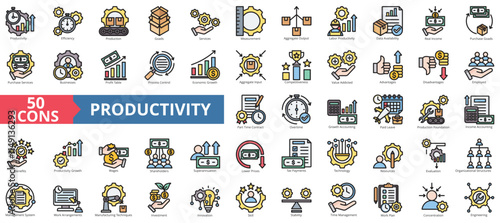 Productivity icon collection set. Containing time management, work plan, engineering, efficiency, production, goods, services icon. Simple flat outline vector illustration