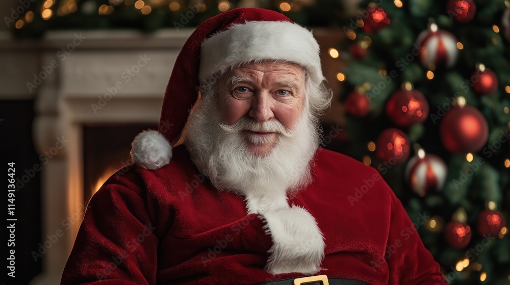 Santa Claus sits in front of Christmas tree. Looks directly at camera with jolly expression. Wears traditional red suit, white beard. Festive lights, decorations around. Sits by fireplace. Christmas Santa Claus sits in front of Christmas tree. Looks directly at camera with jolly expression. Wears traditional red suit, white beard. Festive lights, decorations around. Sits by fireplace. Christmas