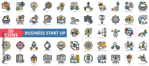 Business startup icon collection set. Containing project, entrepreneur, company, business, management, development, collaboration icon. Simple flat outline vector illustration