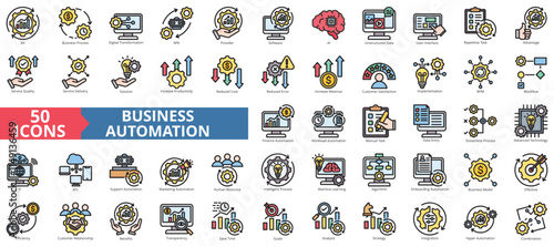 Business automation icon collection set. Containing process, digital transformation, industry 4.0, productivity, technology, business, integration icon. Simple flat outline vector illustration