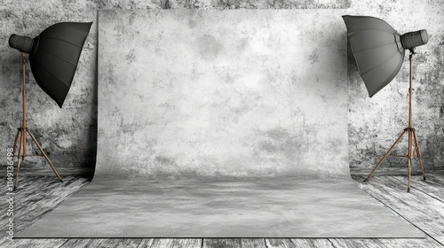 A simple white studio background with a smooth gray paper floor, providing a neutral and professional setting for various creative projects, from photography to design work.