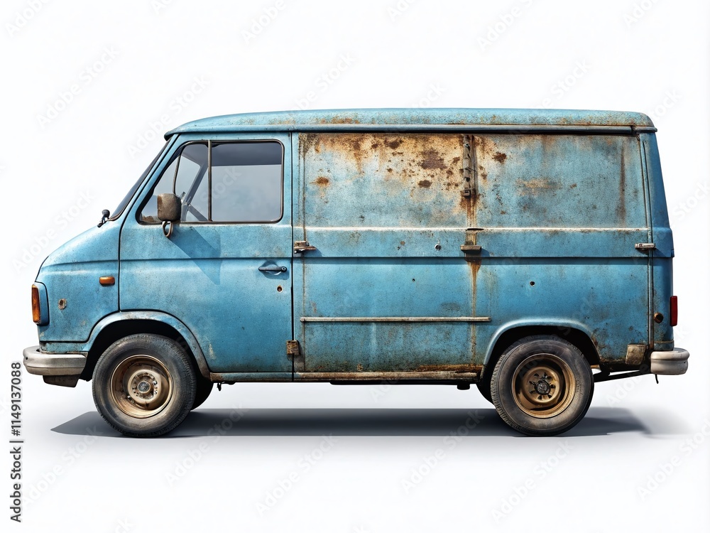 Long Exposure Photo of Old Blue Van, Rusty Side Profile, Isolated White Background, Vintage Vehicle, Classic Car Photography Long Exposure Photo of Old Blue Van, Rusty Side Profile, Isolated White Background, Vintage Vehicle, Classic Car Photography