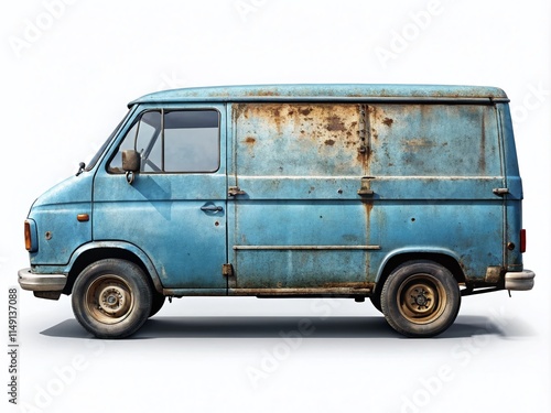 Long Exposure Photo of Old Blue Van,  Rusty Side Profile, Isolated White Background, Vintage Vehicle, Classic Car Photography photo