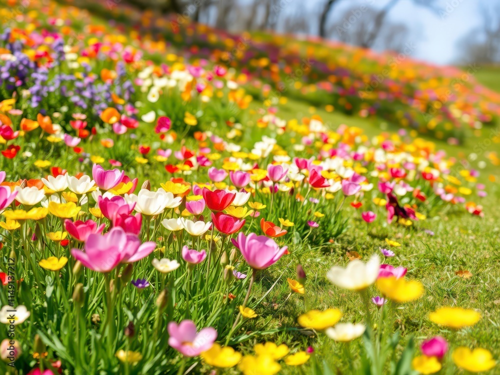 Lush field of vibrant daffodil flowers in bloom on a sunny day, landscape, floral Lush field of vibrant daffodil flowers in bloom on a sunny day, landscape, floral