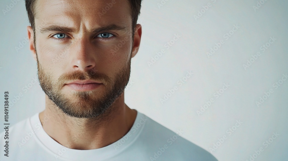 Fototapeta premium Serious Close-Up Portrait of a Young Caucasian Man with Blue Eyes