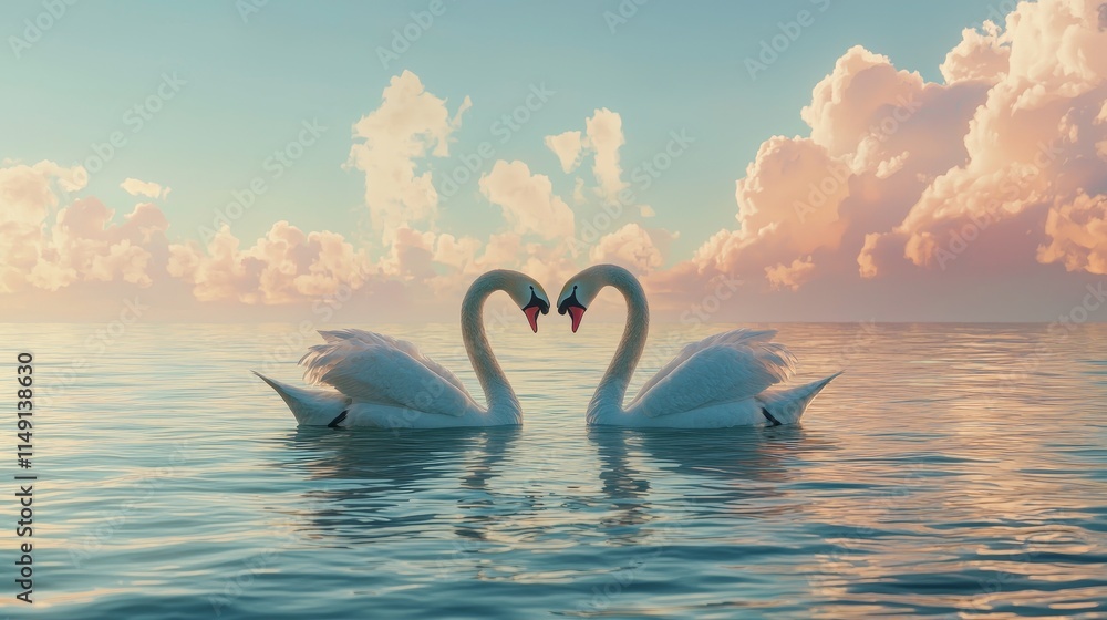 Fototapeta premium Serene Swans Forming a Heart in Tranquil Waters Under Soft Clouds