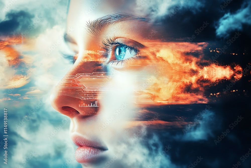 Abstract woman face with clouds and fire. Concept of imagination, dreams, and the human mind. Abstract woman face with clouds and fire. Concept of imagination, dreams, and the human mind.