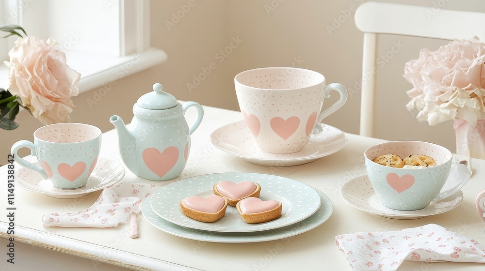 Charming Breakfast Nook with Pastel Decor and Heart-Patterned Tableware Charming Breakfast Nook with Pastel Decor and Heart-Patterned Tableware