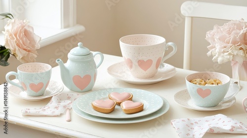 Wallpaper Mural Charming Breakfast Nook with Pastel Decor and Heart-Patterned Tableware Torontodigital.ca