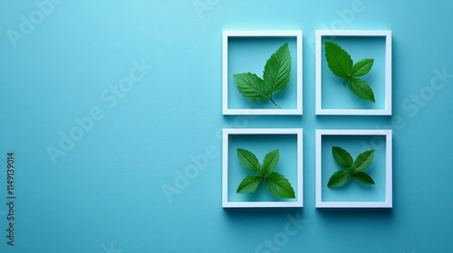 A clean and modern flat lay composition featuring green leaves and a white square frame, creating a stylish and elegant layout for advertising cards or invitations with a nature theme. photo