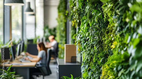 Fototapeta Naklejka Na Ścianę i Meble -  A green office setup with employees working surrounded by greenery and eco-friendly furniture in a bright space 