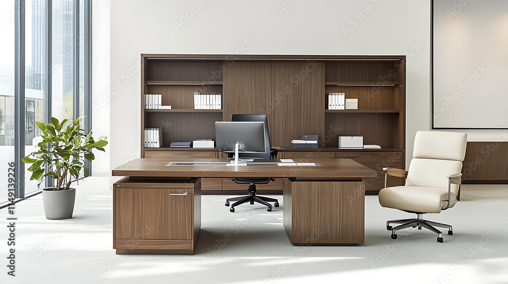 Fototapeta premium A minimalist office design featuring clean lines, neutral colors, and simple furniture creating a calm, organized workspace