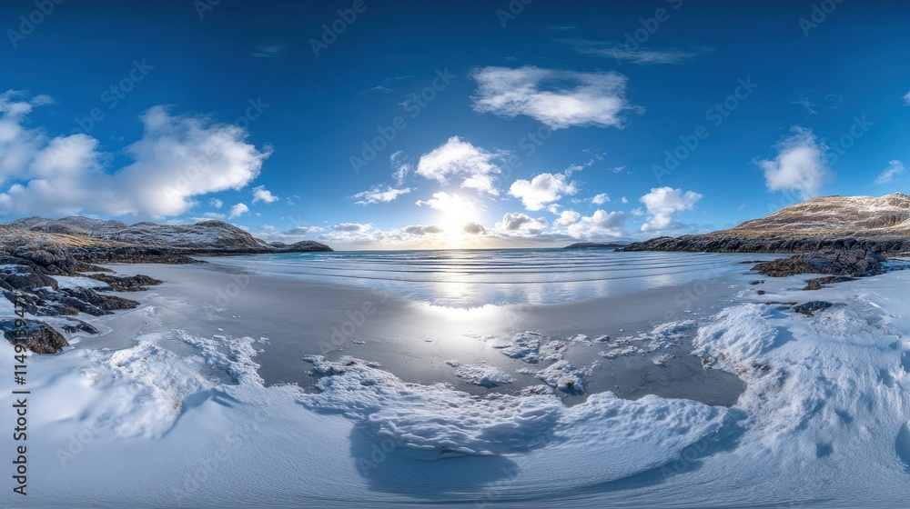 Panoramic view of a snowy beach at sunset. Panoramic view of a snowy beach at sunset.