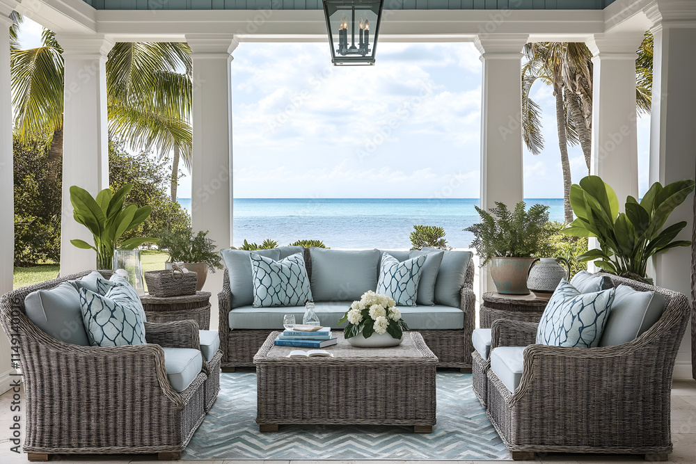 Obraz premium Coastal outdoor living area with rattan furniture, tropical plants, and ocean views. Interior design, 3D render, Home decoration