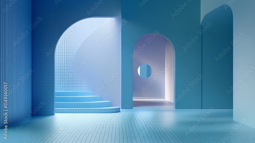 Fototapeta premium A serene, modern interior with blue tones, arches, and a staircase leading to light.