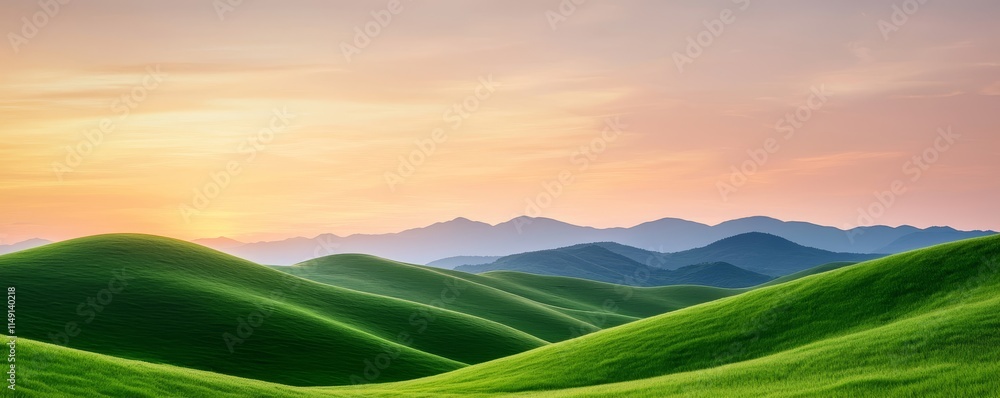 Obraz premium Lush green hills stretch under a vibrant sunset, creating a serene and picturesque landscape of nature's beauty.